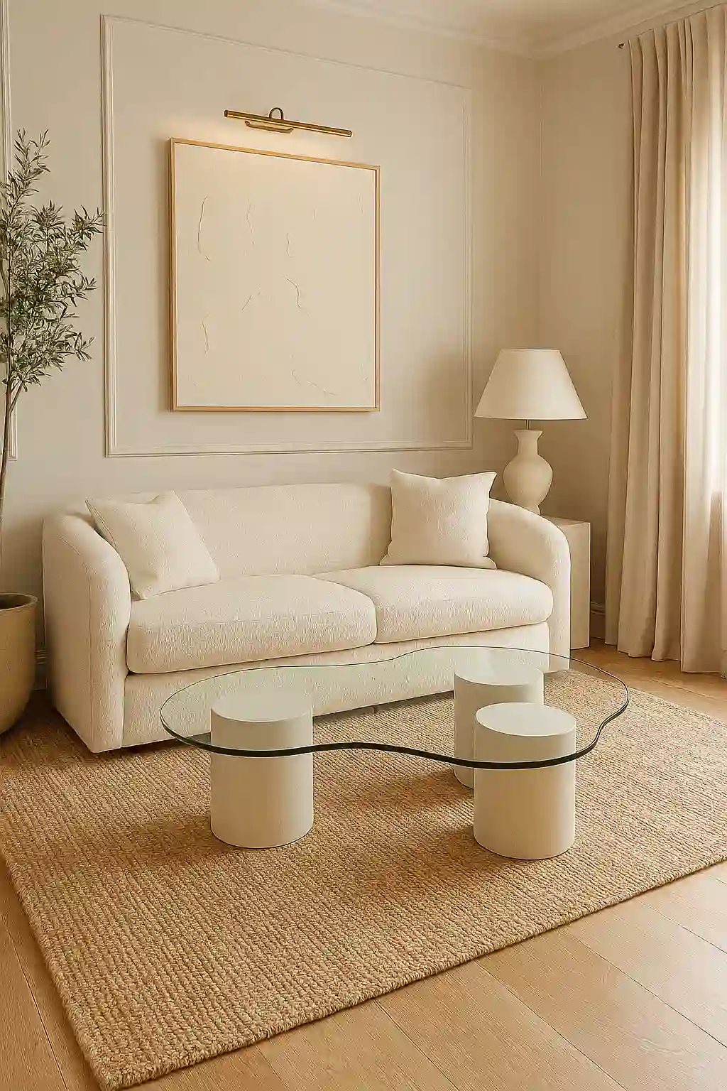 Mesa de microcemento Aura con 3 patas y parte superior de cristal expuesta en interior | Kretos