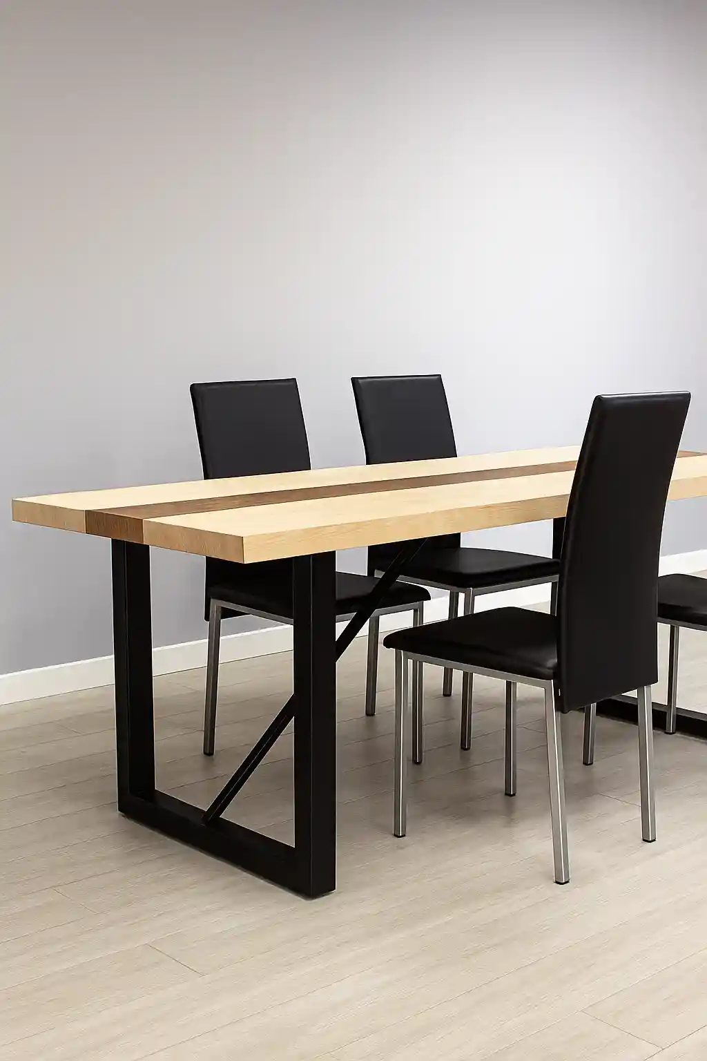 Mesa de microcemento Tellus con detalle de franja de madera en la encimera | Kretos